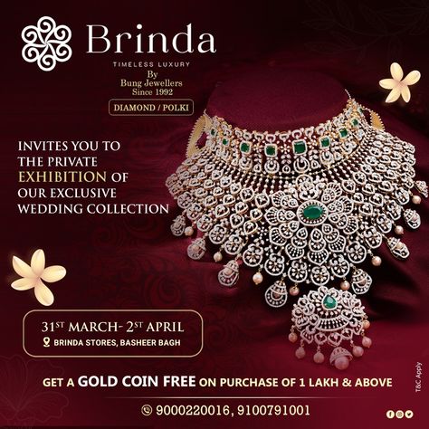 Brinda invites you to private exhibition of Timeless Diamond Jewellery | WEDDING COLLECTION | At our showroom at : Liberty X Roads, BasheerBagh, Hyderabad You can contact for more details : 9000220016, 9100791001 #privateexhibition #brindaexhibition #exhibitionatrbinda #jewelleryexhibition #jewelleryexhibitions #jewelleryexhibitionhyderabad #jewelleryexhibitions #diamondcollection #diamondnecklace #necklace #weddingnecklace #polki #polkicollection #diamondpolki Jewellery Exhibition Invitation, Jewelry Business Card, Independence Day Poster, Jewellery Exhibition, Diamond Wedding Jewelry, Jewellery Wedding, Wedding Jewellery Collection, Business Entrepreneurship, Exclusive Wedding