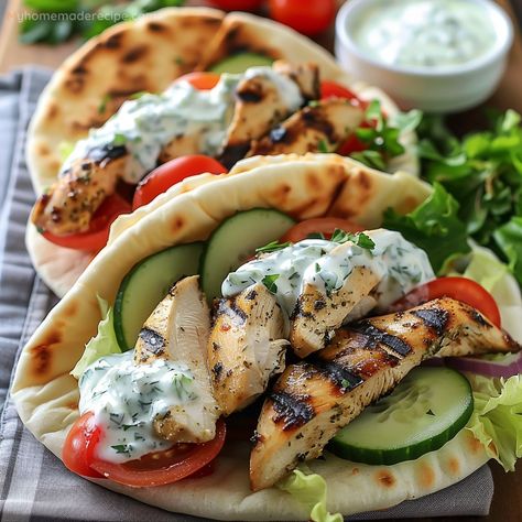 Greek Chicken Gyros With Tzatziki Sauce And Greek Salad Recipe - My Home Made Recipe Greek Wraps Chicken Tzatziki Sauce, Greek Chicken Gyros With Cucumber Tzatziki, Greek Pita Sandwich, Greek Chicken Gyros With Tzatziki Sauce, Chicken Pita Wrap, Turkey Gyros, Gyro Recipes, Chicken Gyros With Tzatziki Sauce, August Meals