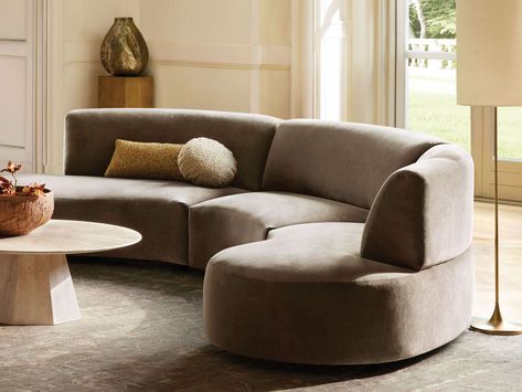 Extra Large Sofa Living Rooms, Circular Sofas Living Rooms, Cream Curved Sofa, Living Room With Curved Sofa, Arhaus Living Room Inspiration, Curved Couch Living Room, Modern Contemporary Sectional Sofa, Rounded Sofa, Arhaus Living Room