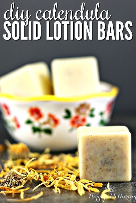 This DIY Calendula Solid Lotion Bars recipe is non greasy, soothing and nourishing for dry, tired skin. Learn how to make and how to use this easy homemade beauty product using shea butter and coconut oil. #lotionbars #diybeauty #naturalbeauty #calendula #lotion via @happymothering Calendula Skincare, Solid Lotion Bar Recipe, Calendula Lotion, Diy Lotion Bars, Easy Diy Beauty Products, Lotion Bars Diy, Lotion Bars Recipe, Solid Lotion Bars, Homemade Moisturizer