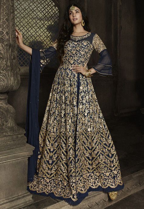 Embroidered Net Abaya Style Suit in Navy Blue Navy Blue Anarkali, Indian Suits For Women, Net Anarkali, Blue Anarkali, Net Gowns, Designer Anarkali Suits, Embroidered Anarkali, Abaya Style, Net Dress