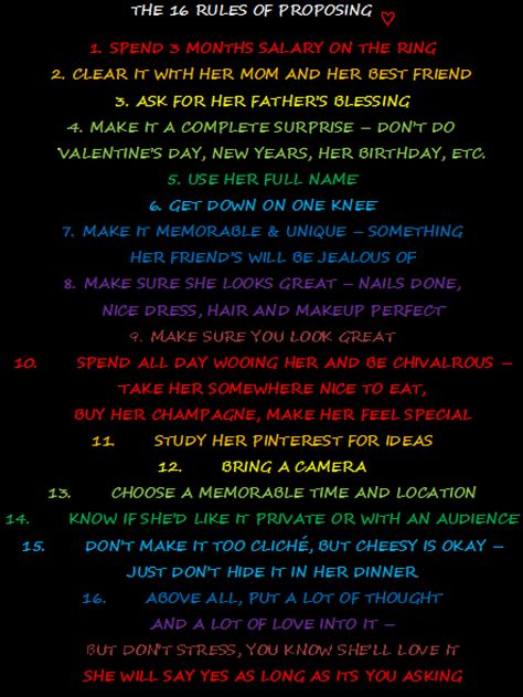 THE 16 RULES OF PROPOSING!!! <3 Proposal Rules, Engagement Captions, Country Relationships, Engagement Tips, Bachelor/bachelorette Party, Wedding Proposals, Dear Future Husband, Future Wedding Plans, Dream Wedding Ideas Dresses