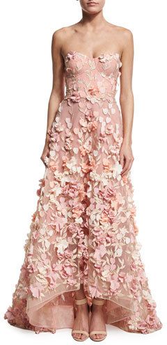 Marchesa Notte Strapless High-Low Floral Tulle Gown, Blush Blush Formal Dress, High Low Ball Gown, Hi Low Gown, Floral Evening Gown, Floral Ball Gown, Floral Evening Dresses, High Low Gown, Tulle Wedding Gown, Floral Prom Dresses