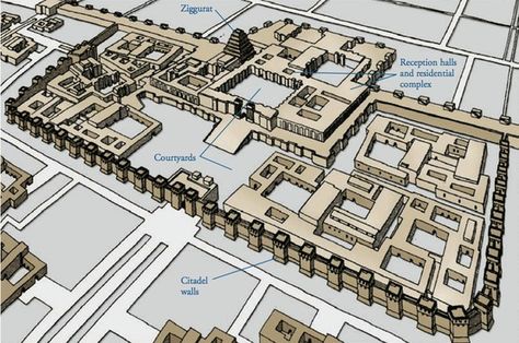 [Unknown,Reconstruction drawing of the citadel of Sargon II,ca. 720–705 BCE, Assyrian Art,Iraq] Fortified walls of the vast royal citadel of Sargon II enclosed courtyards, a throne room, service quarters, guard rooms, a great ziggurat, and six sanctuaries for six different gods. A palace to show off it's grandeur of both the King and the Assyrians. In the text, Sargon wrote “Sargon, King of the World, has built a city. Dur Shar- rukin he has named it. A peerless palace he has built within it." Sketch Islamic, Academic Decathlon, Mesopotamian Art, Assyrian Art, Ap Art History, Dark Tourism, Map Compass, Historical Illustration, Ancient Near East