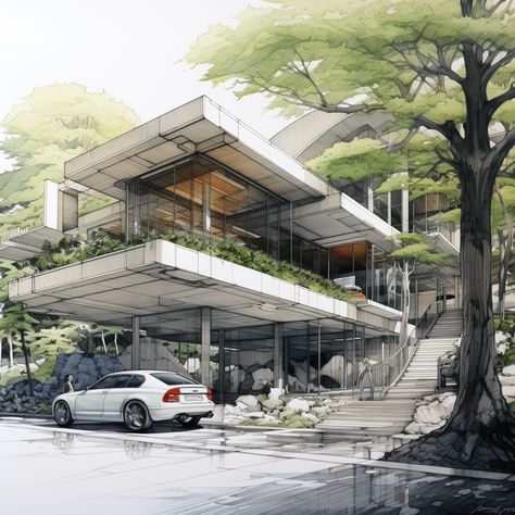 Big Pieces Of Art, Residence Architecture Concept, Artistic Rendering Architecture, Architecture Renders, Architectural Render, Sketches Architecture, Architecture Perspective, Perspective Architecture, Interior Architecture Sketch