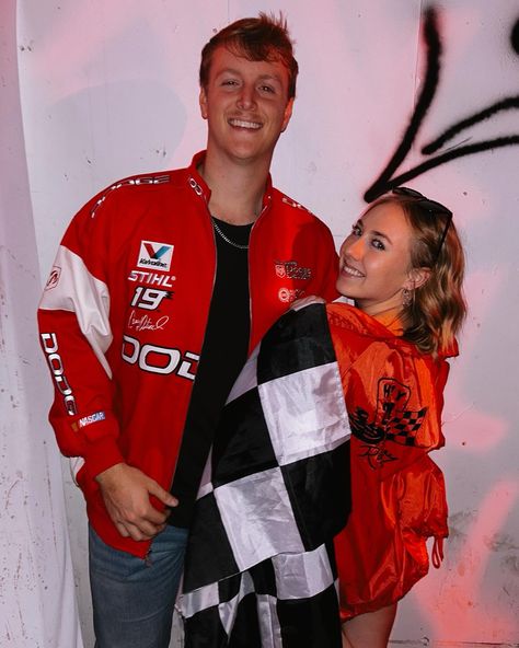 Racing couple costume idea, race car driver and flag girl. Couples Race Car Costumes, Race Car Drivers Couple Costume, Race Car Driver Costume Couple, Race Car Driver Couple Costume, Race Car Couple Costumes, Racing Couple, Race Car Costume, Nascar Outfit, Race Car Driver Halloween Costume