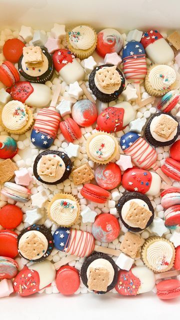 S’mores Cakesicles, Fourth Of July Macarons, 4th Of July Treat Boxes, 4th Of July Macarons, Funfetti Cakesicles, Berry Macarons, Cupcakes Strawberry, July Desserts, 4th Of July Desserts