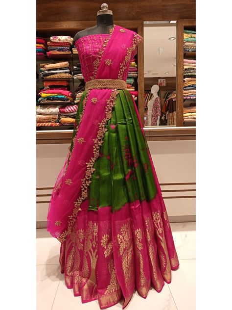 Newly Arrived Jutesilk Shibori Print Lehanga Pink Half Sarees, Lehenga Saree Design, Kids Ethnic Wear, Shibori Print, Partywear Dresses, South Indian Sarees, Half Saree Designs, Blouse Neck, Bridal Lehenga Choli