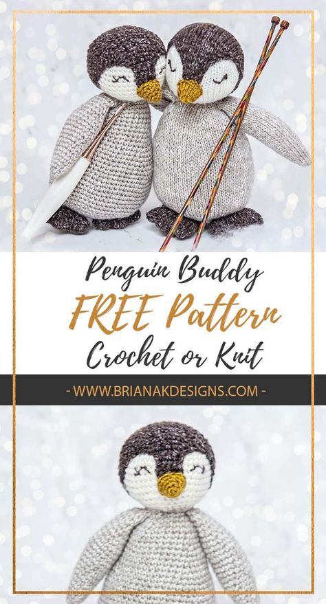 Free Crochet or Knit Penguin Buddy Pattern by Briana K Designs. You don't have to be little to enjoy this penguin stuffy! He is cute for holiday decor or to just have around. And of course I think he makes a great gift for all ages. Crochet Lovies, Penguin Crochet, Crochet Dreams, Crochet Holiday, Crochet Penguin, Advanced Crochet, Winter Crochet, Penguin Pattern, Animals Crochet