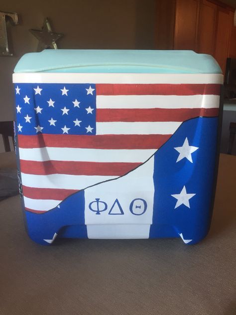 Painter cooler front, america, phi delta theta, phi delt, fraternity, flag Frat Coolers Beach, Phi Delt Cooler, Phi Delta Theta Cooler, Nola Frat Cooler, Cooler Ideas Fraternity, Nola Formal, Mountain Weekend Cooler, Painted Fraternity Coolers, Nola Cooler