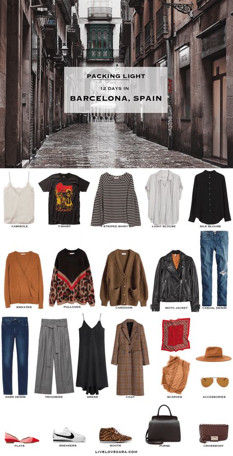 Packing Light: 12 days in Barcelona, Spain in Spring. What to pack. Spring Capsule Wardrobe 2019 Barcelona Night Out Outfit, What To Pack For Barcelona, Spain Outfit Ideas, Bowie T Shirt, Barcelona Outfits, Euro Travel, Barcelona Trip, Spain Outfit, Organized Closet