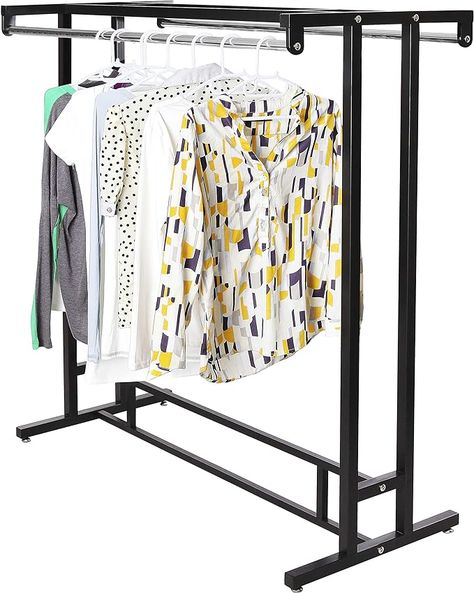 Amazon.com: MyGift Black Stainless Steel Heavy Duty Clothes Garment Rack, Freestanding Double Rod Clothing Hanger Stand with Storage Display Shelf : Home & Kitchen Clothing Display Rack, Cluttered Bedroom, Clothing Hanger, Floor Display, Wardrobe Organisation, Hanger Stand, Clothing Displays, Clothes Stand, Garment Rack