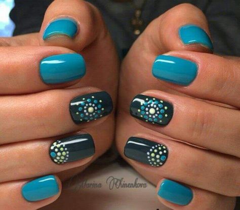 Navy And Turquoise Nails, Space Gel Nails, Fun Nail Art Summer, Nails With Dots Design, Summer Nails Coffin, Mandala Nails, Unghie Nail Art, Nails Art Designs, Manicure Nail Designs