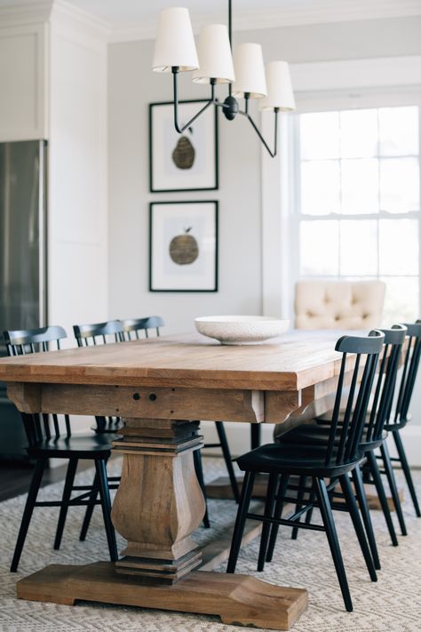 This combination doesn't get old - wood table, black chairs, neutral rug, linear chandelier, white centerpiece bowl. And there's so much room to play with style and shape to make it yours. We love when a client is willing to go bold and out of the box. We also love this - simple and timeless. Where do you fall on the scale of Simple and Timeless to Bold and Unique? #designingfavoriteplaces Design: @grayoakstudio Project: Prospect Dining Room Photography: @callanphoto Wood Table Black Chairs, Table Black Chairs, Black Kitchen Chairs, Black Wood Dining Table, Black Dining Room Table, Oak Dining Room Table, Chandelier White, Black Chairs, Black Dining Room Chairs