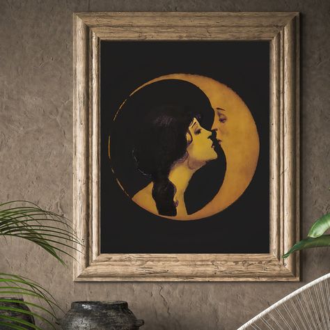 Woman Kissing Moon, Art Deco Moon, Crescent Moon Art, Moon Goddess Art, Witchy Wall Art, Large Poster Prints, Moon Vintage, Room Vibes, Music Canvas