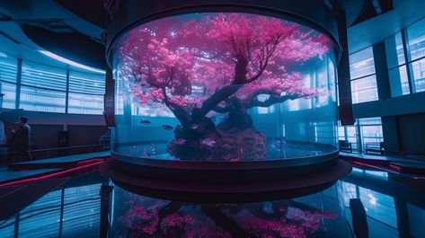 A Cherry Blossom Tree partially submerged in water as a display. This ai artwork is generated using Midjourney. House Objects, Cyberpunk Inspiration, Cherry Blossom Trees, Tokyo City, Sakura Tree, Blossom Tree, Under Water, Cherry Blossom Tree, Blossom Trees