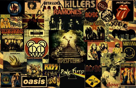 Collage #rock #classics Rock Computer Wallpaper, Rock Wallpaper Laptop, Punk Rock Wallpaper, English Presentation, Rock And Roll Aesthetic, Rock Collage, Wallpaper Horizontal, Pictures Of Rocks, Rock Background