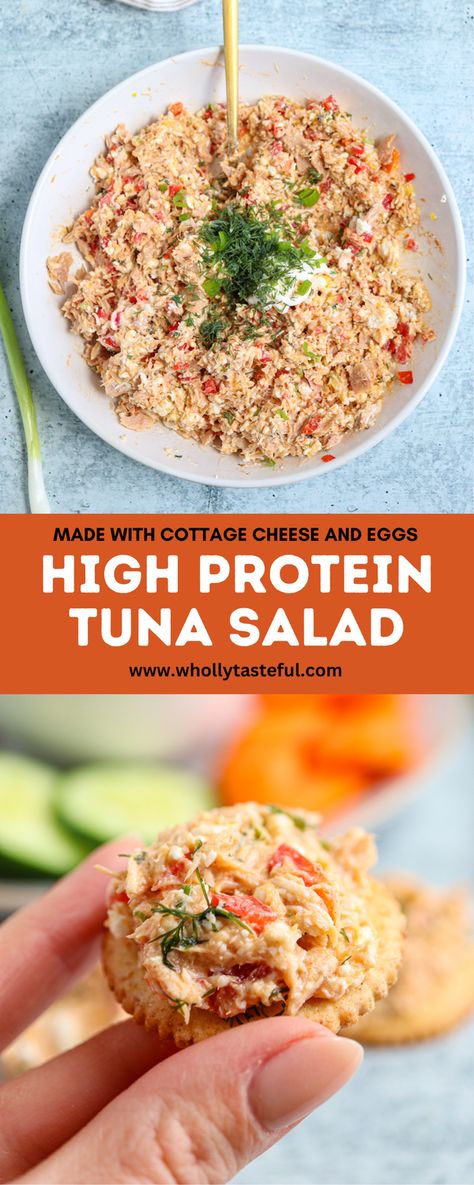 Make this awesome High Protein Tuna Salad using cottage cheese, eggs and veggies. It's great in sandwiches, on crackers or with fresh veggie sticks. Perfect as high protein lunch or snack but also for parties and pot lucks. Tuna Lunches Healthy, Hi Protein Lunch, High Protein Chicken Salad Recipe, High Protein Tuna Recipes, Protein Cottage Cheese Bowls, Healthy Lunch High Protein, Low Cal High Protein Lunch, High Protein Pescatarian Recipes, High Protein Cold Lunch