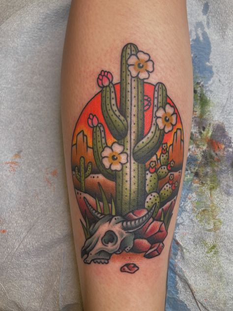 Traditional Tattoo Nature, American Style Tattoo, Desert Tattoo, Cowboy Tattoos, Traditional Tattoo Inspiration, Cow Tattoo, American Traditional Tattoo Ideas, Traditional Tattoo Ideas, Country Tattoos