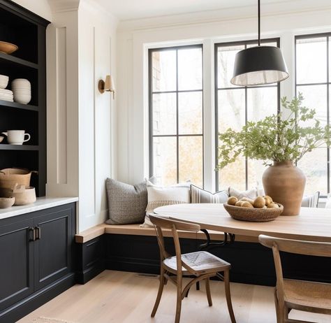 Breakfast Nook In Front Of Sliding Door, Black And White Breakfast Nook, Black Kitchen Nook, Moody Breakfast Nook, Small Sitting Area In Kitchen, Breakfast Nook Layout, Black Banquette, Eating Area Off Kitchen, Built In Kitchen Seating