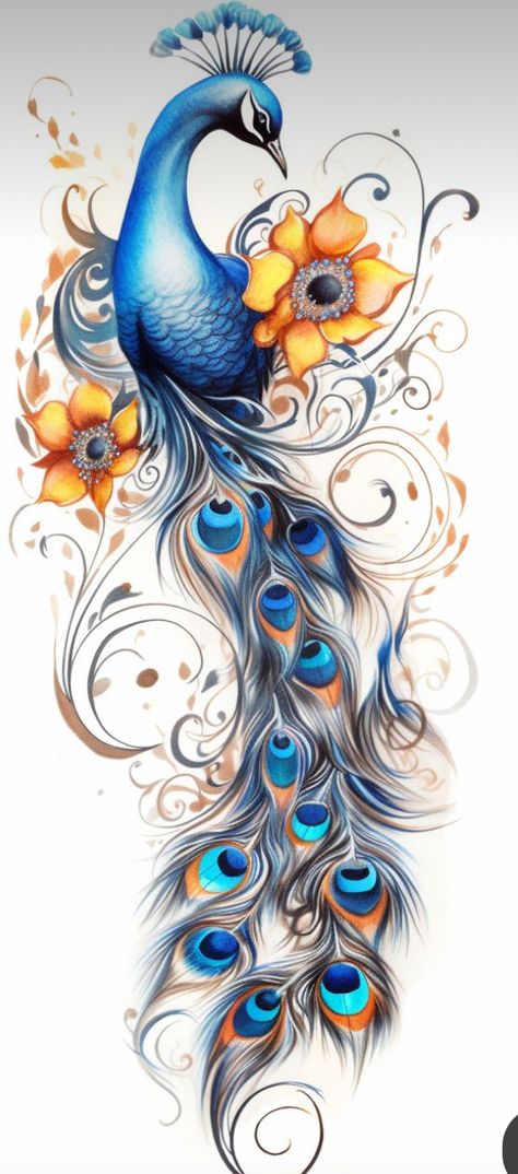 Peacock Tattoo For Women, Peacock Tattoo With Flowers, Pecok Design Painting, Pavo Real Tattoo, Peacock Tattoo Sleeve For Women, Peacock Arm Tattoo Half Sleeves, Peacock Hip Tattoos Women, Unique Tattoo Sketches, Peacock With Flowers Tattoo