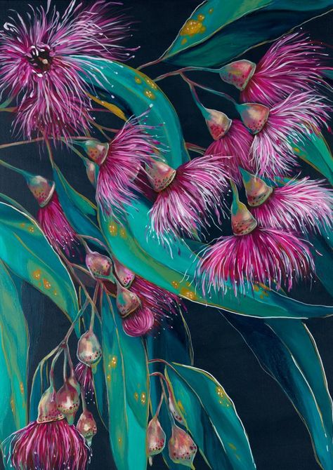 Gum Blossom, Gum Leaves, Australian Native Flowers, Abstract Flower Painting, Motif Vintage, Tropical Art, Australian Art, In Full Bloom, Pastel Art