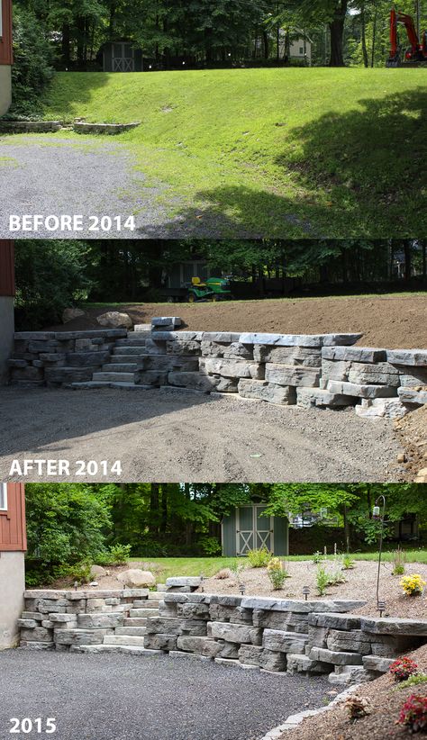 Backyard Retaining Wall Sloped Yard Patio, Rock Wall Landscaping Sloped Backyard, Retaining Wall Near Driveway, Driveways With Retaining Walls, Front Yard Retaining Wall Ideas Hillside, Slope Driveway Landscaping, Retaining Wall Sidewalk, Driveway Entrance Landscaping Hill, Stone Retaining Wall Driveway