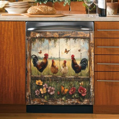 PRICES MAY VARY. Magnetic dishwasher cover with farm rooster elements to revitalize your kitchen, you can use the magnetic dishwasher sticker on your dishwasher, but also on your refrigerator, microwave, washer, dryer, and many other household appliances, it is a practical and fun appliance decorative decal. Dishwasher cover magnet is made of material safe and environmentally friendly high quality magnet sheet and PVC printing, healthy, safe and environmentally friendly. The size of our dishwash Front Door Cover, Rooster Kitchen Decor, Dishwasher Cover, Rooster Kitchen, Dishwasher Magnet, Magnetic Door, Refrigerator Sticker, Appliance Covers, Door Cover