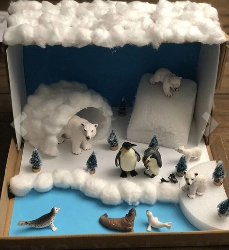 ♥ Polar Bear Diorama, Bear Diorama, Polar Bear Habitat, Diorama Kids, Bear Habitat, Habitats Projects, Maluchy Montessori, مشروعات العلوم, Aktiviti Kanak-kanak