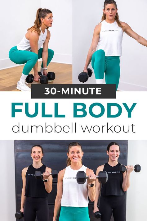 Build total body strength using just a set of dumbbells! This complete dumbbell only workout can be done at home or the gym in just 30 minutes. Each exercise targets multiple muscle groups, making this efficient workout perfect for anyone looking to get fit without spending hours in the gym. Total Body Burn Workout, Full Body Strength And Cardio Workout, Cardio Strength Circuit, 35 Minute Full Body Workout, Full Body Strength Hiit Workout, Cardio Workout With Weights, Weighted Cardio Workout, Best Full Body Workout At Home, At Home Body Weight Workout