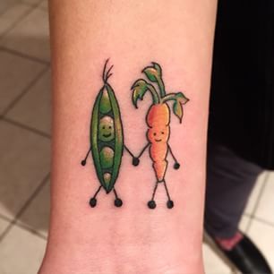 Peas and carrots Pea And Carrot Tattoo, Pea Pod Tattoo Ideas, Peas And Carrots Tattoo, Two Peas In A Pod Tattoo, Veg Tattoo, Peas Tattoo, Pea Tattoo, Carrot Drawing, Couples Tattoo