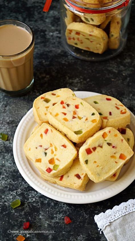 Karachi biscuits are popular Indian tea time cookies. These egg-free fruit biscuits have derived their name from the famous 'Karachi bakery' in Hyderabad, India. They are sweet, crumbly, melt in the mouth, studded with candied fruits and flavored with two Karachi Biscuits, Tea Time Cookies, Fruit Biscuits, Candied Fruits, Eggless Recipes, Recipe Step By Step, Indian Tea, Eggless Baking, Eggless Cake