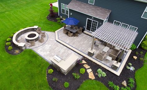 Greenwood Patio, Pergola, & Fire Pit | Precision Outdoors | Exterior & Outdoor Design Fire Pit Patio Diy, Pergola Fire Pit, Seating Wall, Small Backyard Decks, Sunken Fire Pits, House Patio, Patio Plans, Patio Layout, Concrete Patio Designs