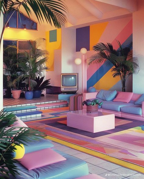 90s Decor Interior Design, Lp Aesthetic, Memphis Design Interior, 80’s Bedroom, 1980s Interior Design, 80’s Decor, 80s Furniture, 1980s House, 80's Aesthetic