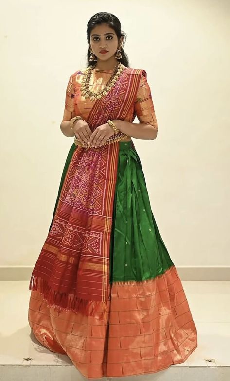 Paithani Lehangas For Women, Paithani Lehenga Half Saree, Paithani Langa Voni, Paavadai Satai, Benaras Lehangas, Fancy Half Sarees, Paithani Lehenga, Half Saree Function, Langa Voni