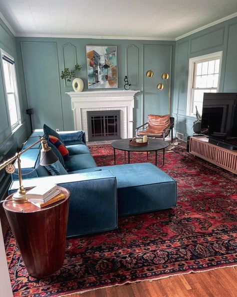 Home52 on Instagram: “A bold couch, a stunning 100-year old rug, a leather chair, and serene blue painted walls? This must be a @sovehome room transformation! 😍…” Blue Leather Couch, Blue Painted Walls, Living Room Cozy, Leather Couches Living Room, Velvet Sectional, Rove Concepts, Room Cozy, Painted Walls, Room Transformation