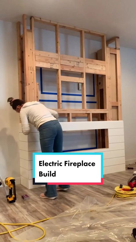 Building Fireplace Diy, Faux Mantle Electric Fireplace, Diy Entertainment Center Ideas With Fireplace, Diy Fireplace And Bookshelves, Electric Fireplace Size Guide, Electric Fireplace Dimensions, Diy Fireplace Insert Built Ins, Fake Fireplace Tv Wall, Electric Fireplace Installation