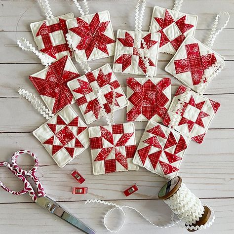 Erica Arndt Quilts, Erica Arndt, Classic Quilt Blocks, Block Ornaments, Quilt Ornaments, Red Prints, Quilt Star, Tiny Tree, Patchwork Tutorial