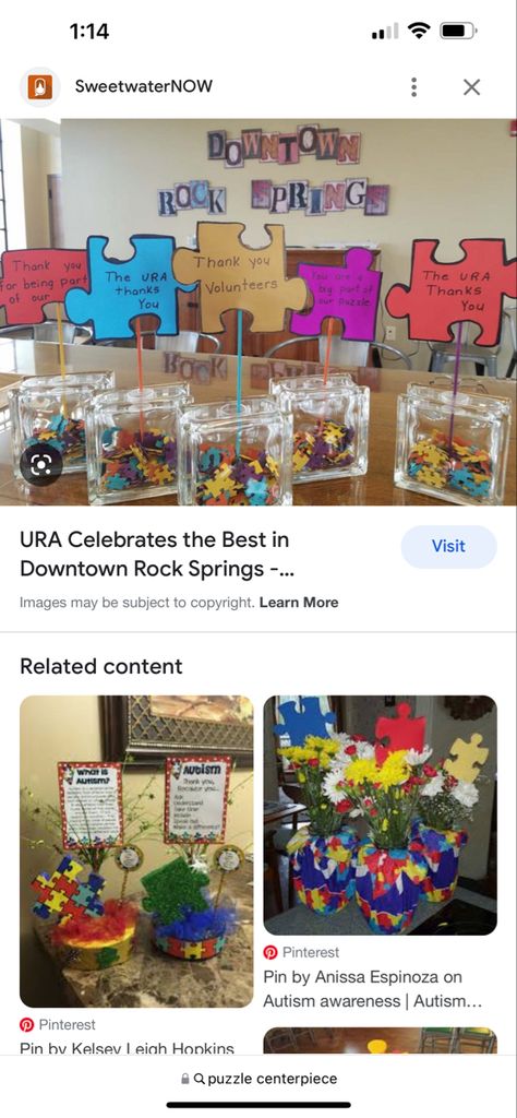 Puzzle Piece Centerpieces, Puzzle Piece Decor, Puzzle Piece Centerpiece Ideas, Puzzle Centerpiece Ideas, Puzzle Theme Party, Staff Retreat, Puzzle Theme, School Anniversary, Work Conference