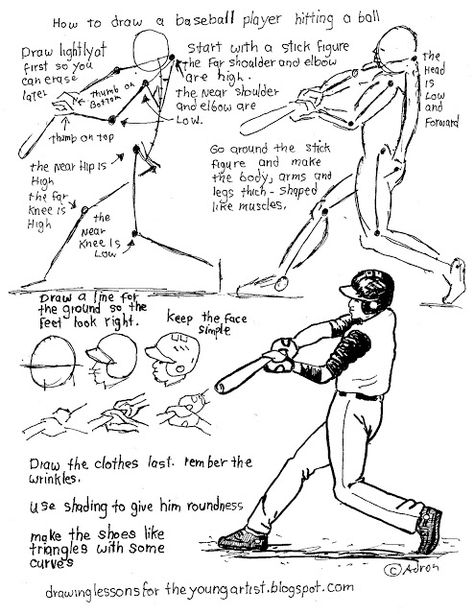 How To Draw A Baseball Player Hitting A Ball Worksheet Baseball Drawings, Drawing Figures, Art Handouts, Baseball Art, Art Worksheets, Drawing Exercises, Drawing Studies, Perspective Art, School Art Projects