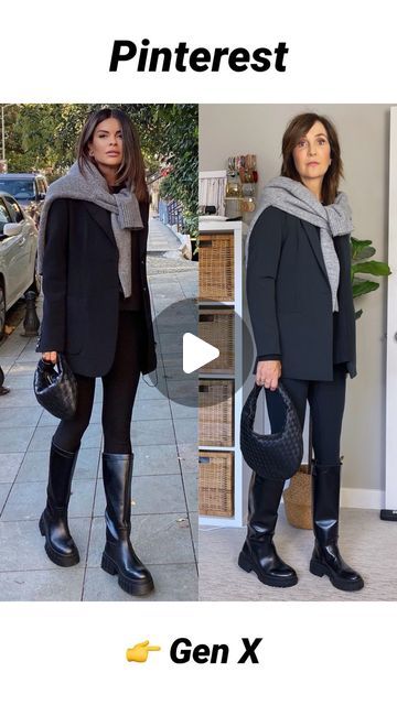 Christin Bryant | over 40 style | 🇨🇦 on Instagram: "All black Pinterest outfit but doesn’t the over the shoulder sweater make such a difference? It’s my fave way to make a basic outfit more interesting! Would you wear it? 

Comment “link” to get an immediate DM with all the links and size info! 

Blazer, black sweater, leggings and socks: Amazon
Bag: Oak&Fort 
Boots: H&M (old)
Grey sweater: Dynamite (old) 

Inspo pic: Pinterest (@nazifeeozcan )

Other ways to shop:
- find me @cbstyled in the LTK app
- copy this link: https://liketk.it/4jupp
- link in bio > LTK outfit links
- see my “Sep reel links” highlight
- Amazon items are also available in the appropriate category on my US and Canadian Amazon pages (via the link in my bio) and I also pinned a post to the top of my Canadian Amazon pa Black Pants White Sweater Outfit, Sweater And Blazer Outfit, Mock Turtleneck Outfit, Over The Shoulder Sweater, Over 40 Style, Cropped Wool Sweater, White Sweater Outfit, Amazon Bag, Black Pinterest