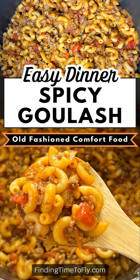 Easy dinner recipe for Spicy Goulash with elbow macaroni, Rotel, and ground beef. Hamburger Pasta Recipes Easy, Macaroni Hotdish Ground Beef, Ground Burger Meals, Burger And Noodle Recipes, Meals With Elbow Noodles, Noodles And Hamburger Recipes, Spicy Goulash Recipes, Ground Beef Hotdish Recipes, Hamburger Meat And Noodles Easy Recipes