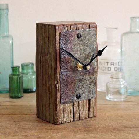 Small Desk Clock, Metal Numbers, Rustic Mantel, Woodworking Chair, Woodworking Bed, Metal Desks, Rusty Metal, Wood Clocks, Diy Clock