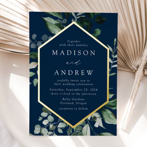 $3.95 | Abundant Greenery Navy and Gold Frame Wedding #wedding, modern botanical, greenery, fern, eucalyptus, watercolor leaves, emerald green, watercolor foliage, greenery and gold foil, elegant Gold Frame Wedding, Navy Blue And Gold Wedding, Dark Green Wedding, Popular Wedding Invitations, Eucalyptus Watercolor, Watercolor Foliage, Wedding Invitation Trends, Green Invitations, Gold Foil Wedding Invitations