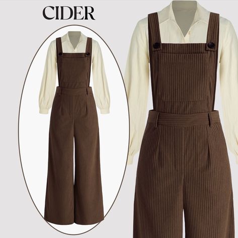 Dark Academia Overalls, Goblincore Overalls, Cider Overalls, Brown Overalls Outfits, Overalls Flare, Brown Overalls, Overalls Outfits, Dress Like A Parisian, Pink Denim Jacket