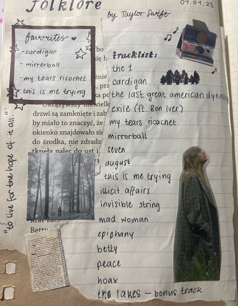 Taylor Swift Sketchbook Ideas, Taylor Swift Journal Aesthetic, Folklore Scrapbook, Folklore Journal Page, Taylor Swift Lyrics Journal, Downtown Girl Journal Ideas, Taylor Swift Sketchbook, Taylor Swift Journal Pages, Downtown Girl Journal