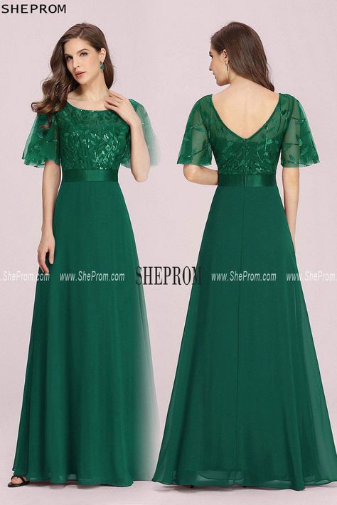 Green Chiffon Long Formal Dress with Sequin Lace Top at SheProm Shop #EP00691DG. Long Dresses For Women, Long Formal Dresses, Long Formal Dress, Party Dress Long, Formal Dresses Prom, Evening Party Dress, Long Dresses, Popular Style, Formal Dress