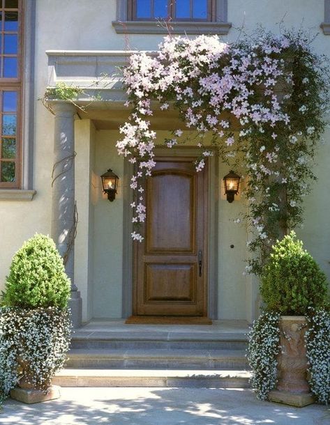 8 Front Yard Ideas To Revamp Your Space On a Budget - MY CHIC OBSESSION Front Yard Planters, Clematis Trellis, Front Door Plants, Nail Art Flower, Sas Entree, Front Door Steps, Cheap Landscaping Ideas, Front Yard Design, Door Entrance