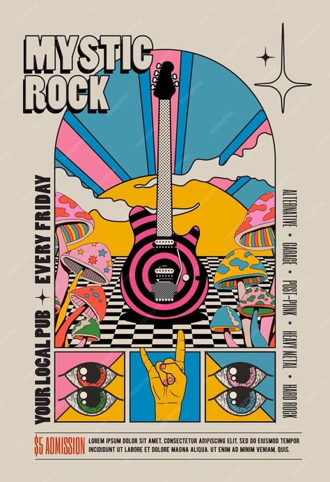 Premium Vector | Vector retro vintage styled psychedelic rock music concert or festival flyer or poster design template Band Branding Design, Recruitment Flyer Design, Music Festival Logo Design, La Olympics, Pop Art Logo, Pop Music Poster, Band Flyer, Guitar Illustration, Poster Graphic Design