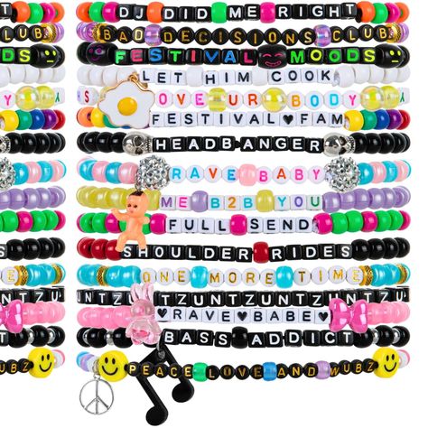 PRICES MAY VARY. NEW FOR 2024: new words, phrases, colors, and designs including glow in the dark beads, and cute charms SAVE TIME: pre-made bracelets allow you to go b2b all season without ever running out of kandi CELEBRATE PLUR: trading kandi at raves and festivals makes exciting moments unforgettable! Whether it's EDC, Ultra, Electric Forest, Coachella, or your favorite artist’s tour in your hometown, you’ll be ready for every event. AUTHENTIC & UNIQUE: true to EDM culture and rave tradition Kandy Ideas Rave, Bracelet Ideas With Charms, Kandi Braclet Ideas, Rave Kandi Bracelets Ideas, Rave Bracelets Ideas, Rave Candy Bracelets Ideas, Festival Trinkets, Kandi Phrases, Ideas For Bracelets